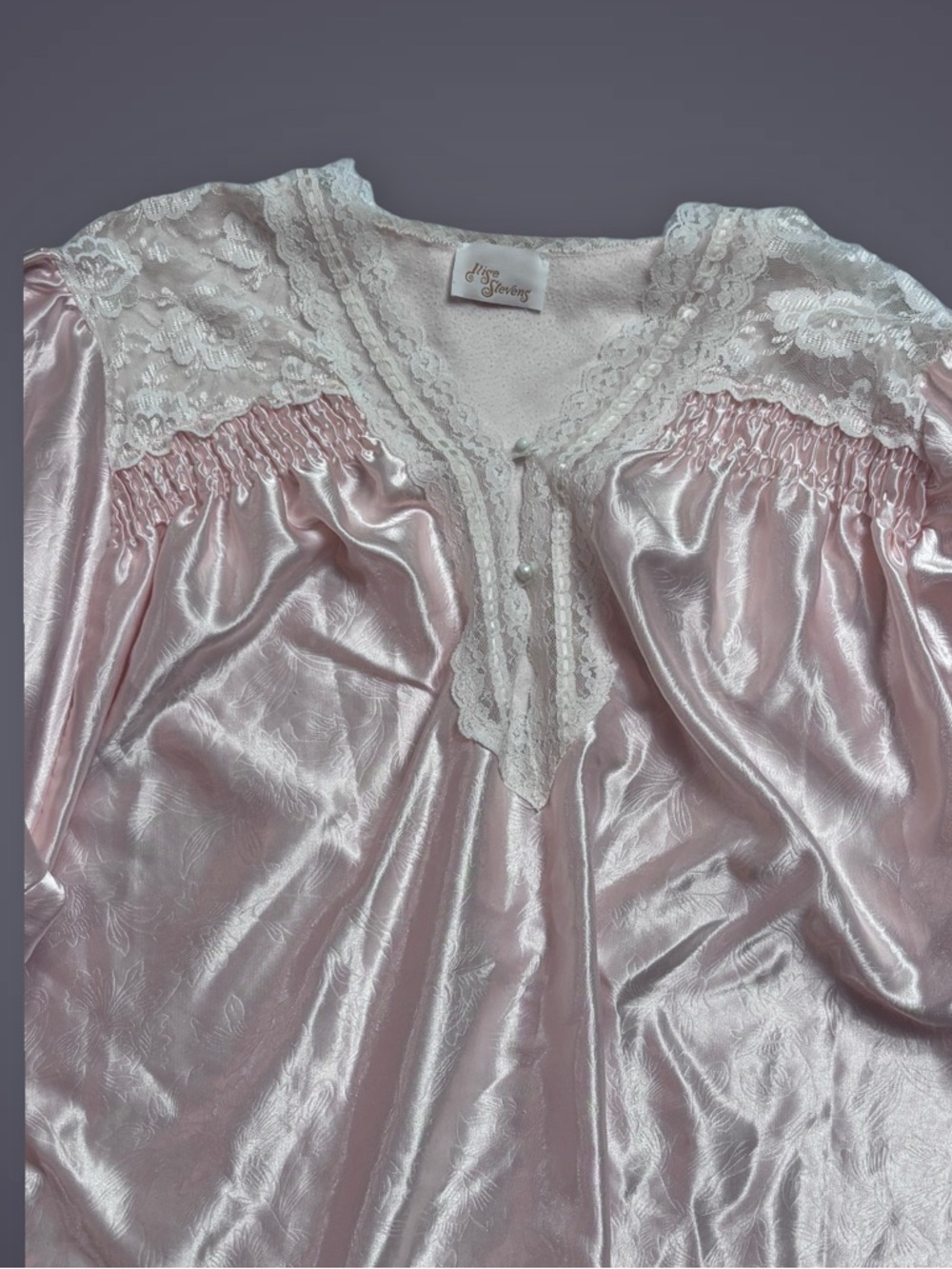 Vintage Soft Pink Satin Full Length Nightgown Lace Trim Poofy Long Sleeves L - Picture 6 of 12